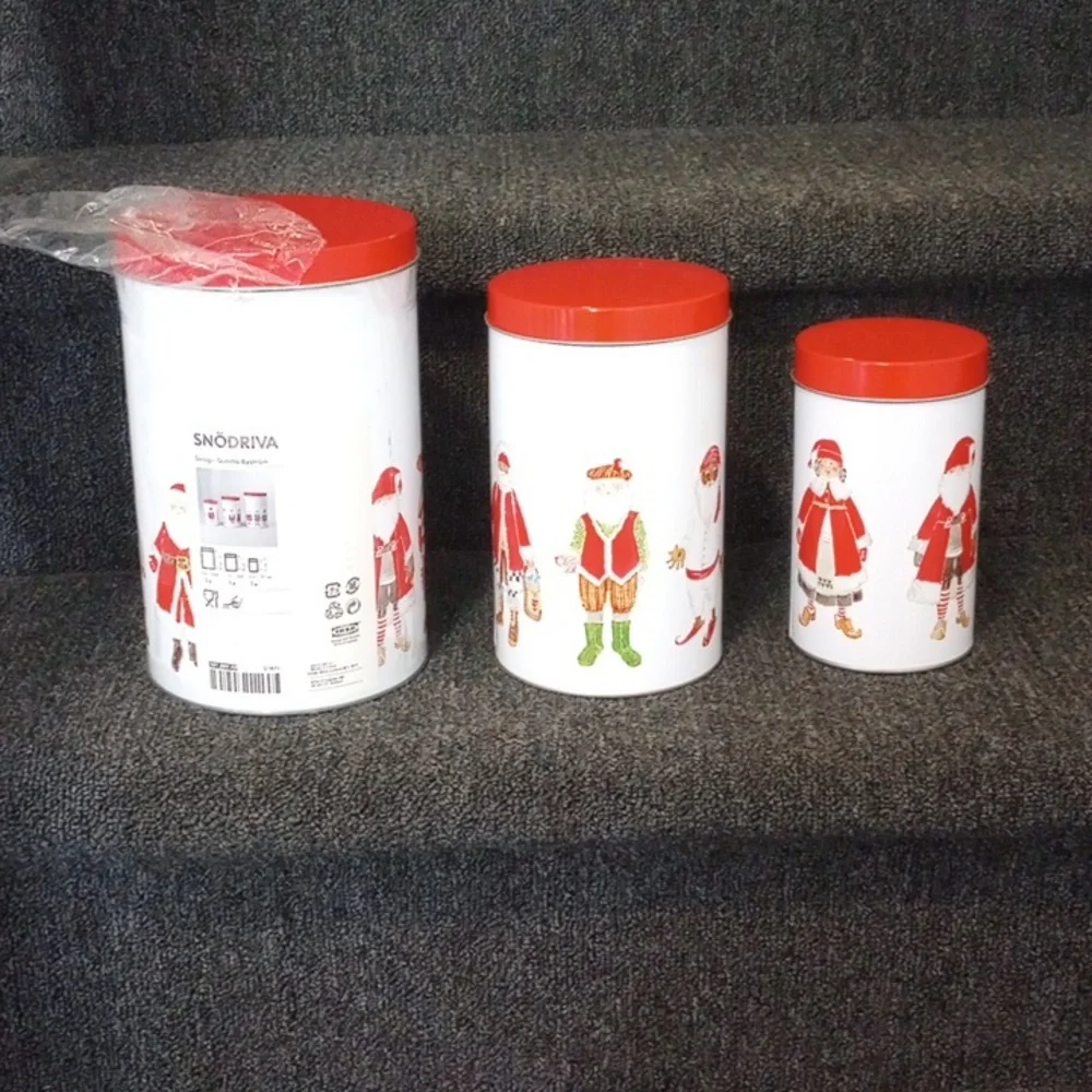NEW Ikea Snodriva Vintage Metal Round Canister Set, Santa, Christmas Holiday